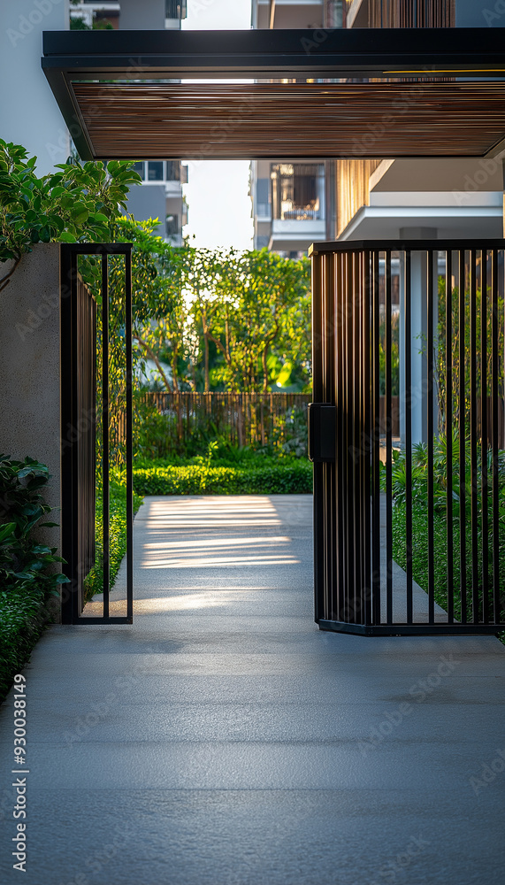 Street photography of a modern and elegant sliding electric gate in a condominium with natural and radiant lighting