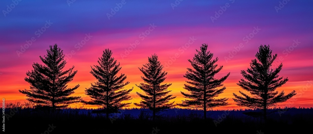 A serene sunset landscape featuring silhouetted trees A serene sunset landscape featuring silhouetted trees