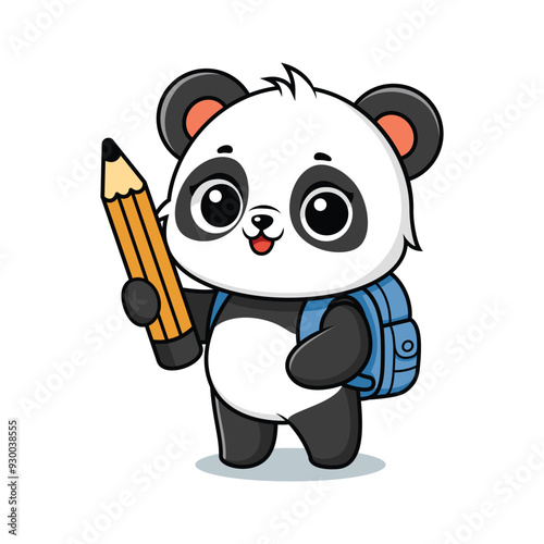 Cute Panda Cartoon Character Holding Pencil