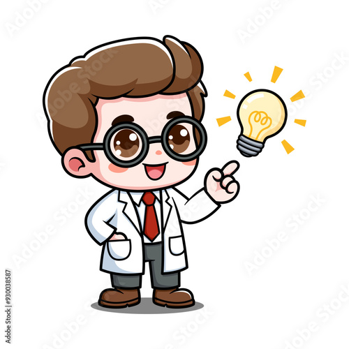 Cute Scientist Cartoon Character With Lighbulb