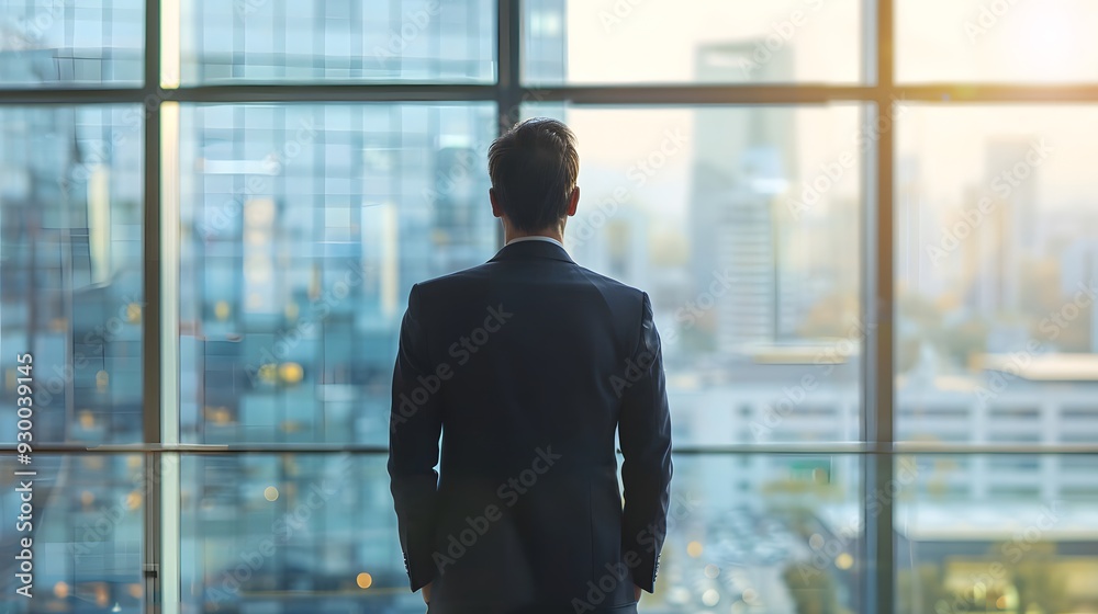 A businessman standing in a modern office with a panoramic window and city view A businessman standing in a modern office with a panoramic window and city view