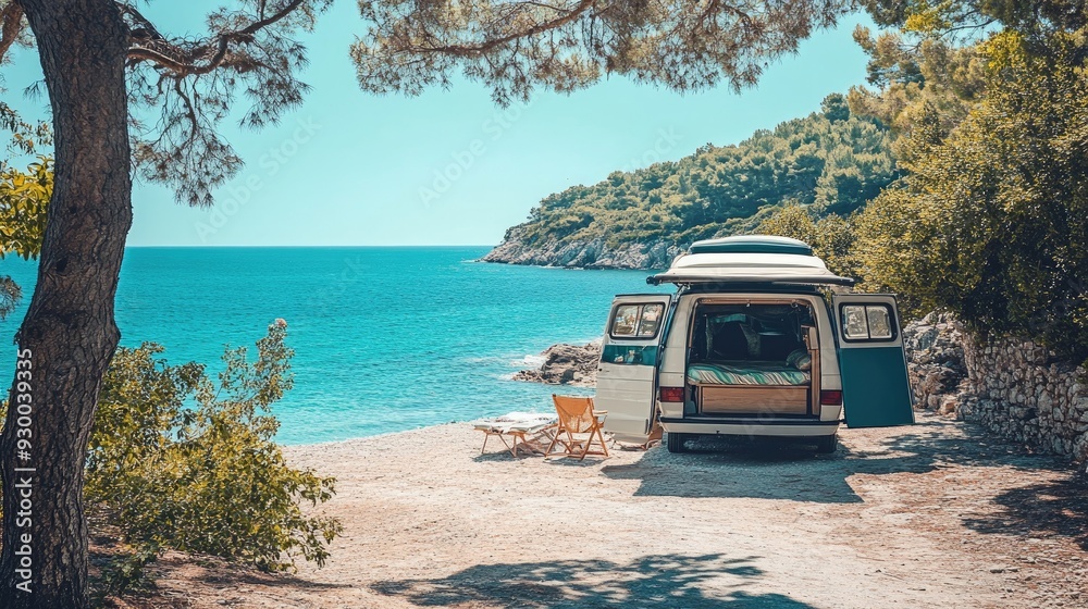 Ready for summer travel, a van is parked near the sea with a beach bed ...