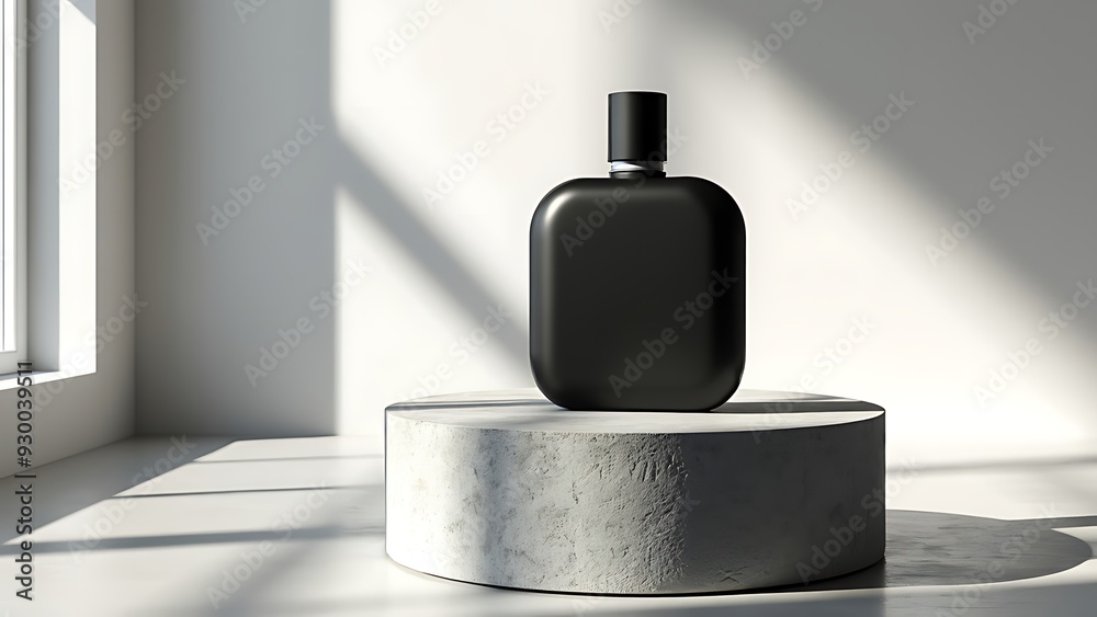 Mockup of a plain black perfume bottle neatly placed on a podium on a neutral background, Ai generated Images Mockup of a plain black perfume bottle neatly placed on a podium on a neutral background, Ai generated Images