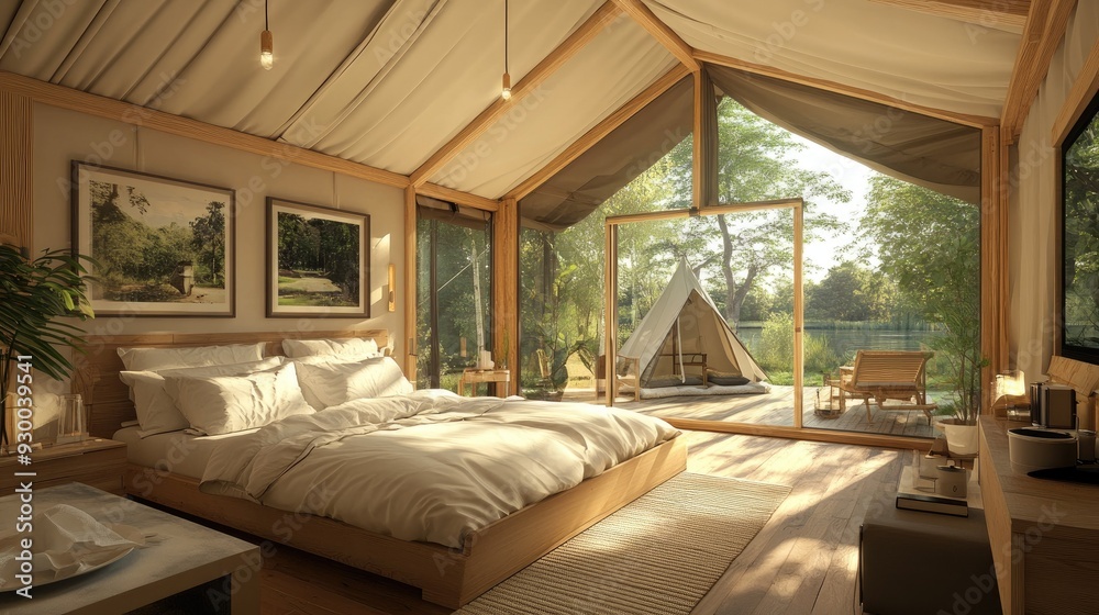 The inviting interior of a glamping tent, designed for comfort and sustainability, highlights a commitment to nature-friendly recreation. The inviting interior of a glamping tent, designed for comfort and sustainability, highlights a commitment to nature-friendly recreation.