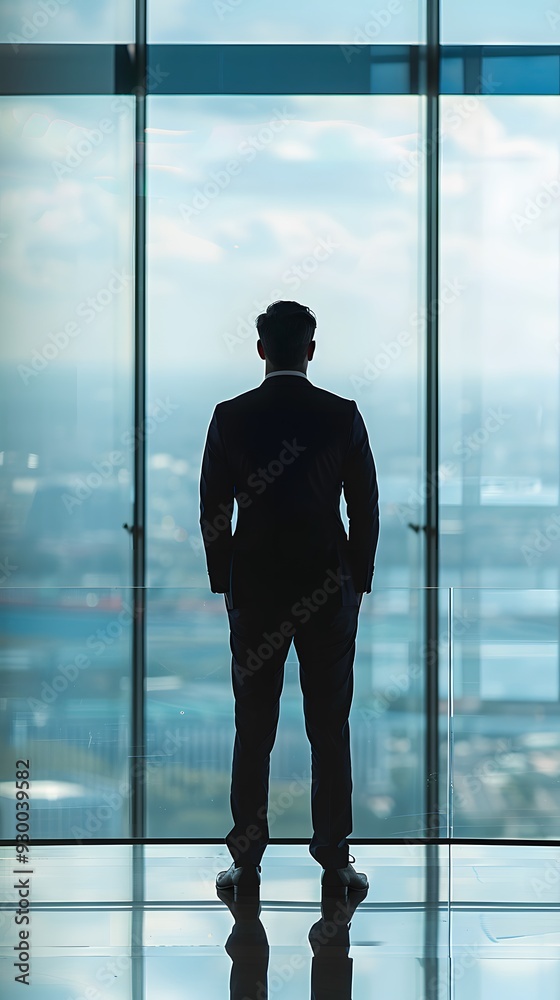 A businessman standing in a modern office with a panoramic window and city view A businessman standing in a modern office with a panoramic window and city view