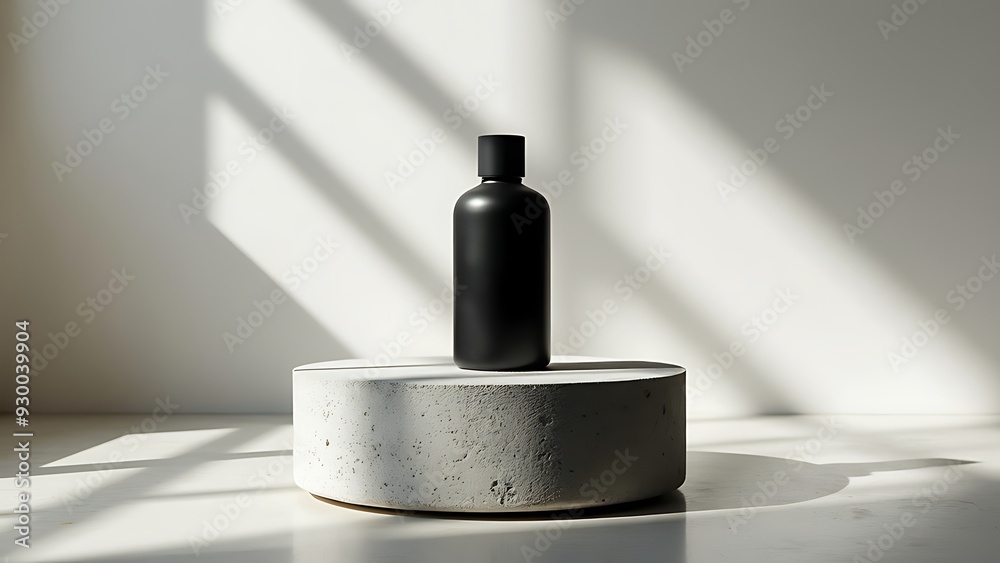 Mockup of a plain black perfume bottle neatly placed on a podium on a neutral background, Ai generated Images Mockup of a plain black perfume bottle neatly placed on a podium on a neutral background, Ai generated Images