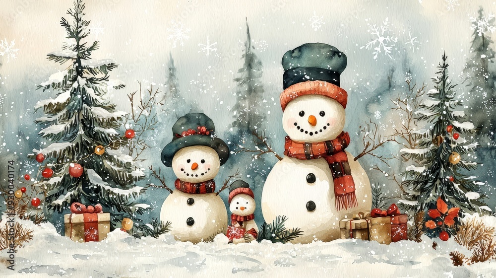 Charming winter scene featuring joyful snowmen surrounded by evergreen trees and festive decorations in a snowy landscape. Charming winter scene featuring joyful snowmen surrounded by evergreen trees and festive decorations in a snowy landscape.
