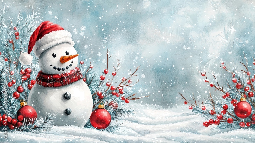 Cheerful snowman with a red hat surrounded by festive decorations and snow, capturing the joy of winter holidays. Cheerful snowman with a red hat surrounded by festive decorations and snow, capturing the joy of winter holidays.