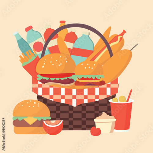 Picnic Basket with Burgers and Drinks