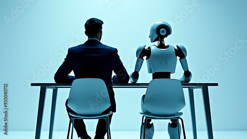 Rearview of the businessman in an elegant suit sitting in a chair next to the white robot cyborg in a studio. AI or artificial intelligence vs people, employment concept,working on a laptop
