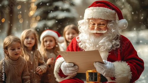 Santa Claus reads a letter surrounded by excited children during a magical Christmas moment in a snowy setting. photo