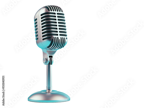 Vintage silver microphone isolated on turquoise background.. PNG transparent.
