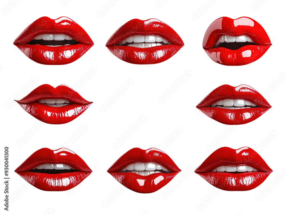Red lipstick lips in various poses isolated on white background.. PNG transparent.