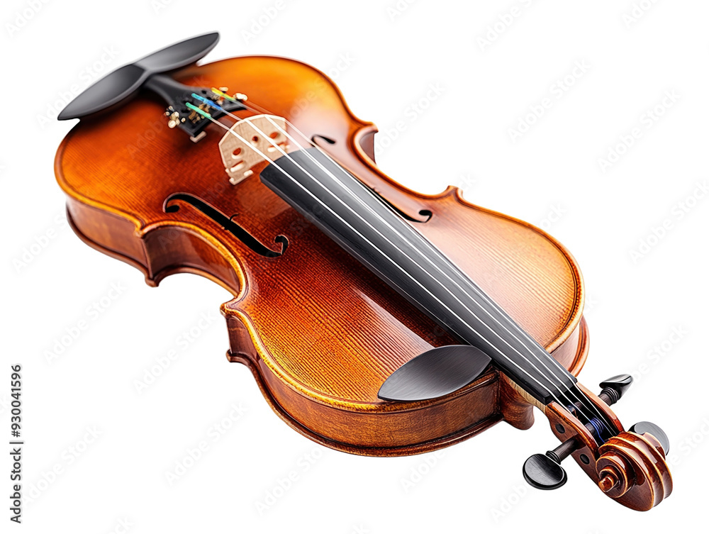 Wooden violin with bow isolated on white background.. PNG transparent.