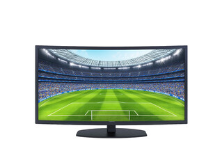 Curved TV showing soccer match isolated on white background.. PNG transparent.