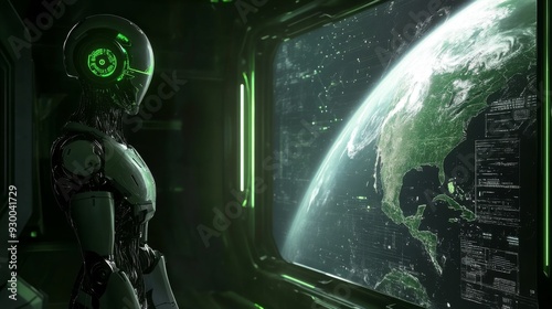 A futuristic robot stands in a spaceship, gazing out at the Earth.