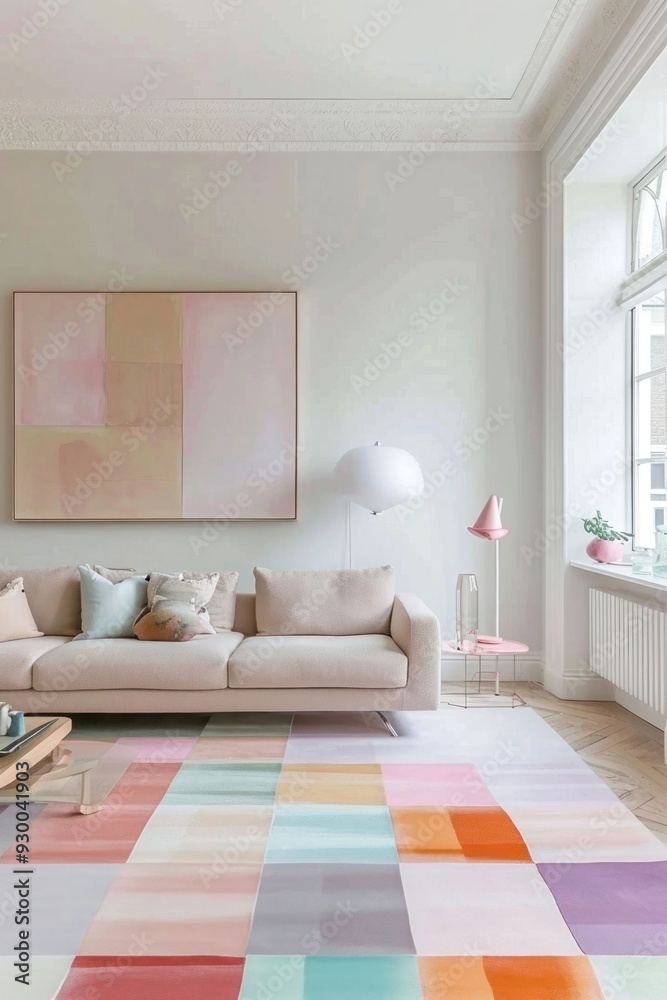 Fototapeta premium Pastel check pattern rug furniture room.