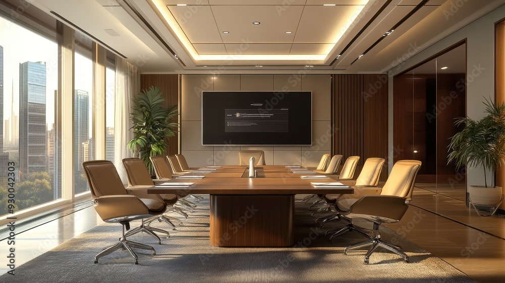 Fototapeta premium Modern conference room with sleek design, large table, and panoramic city views, perfect for meetings and presentations.