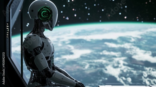 A humanoid robot sits in a spacecraft window looking out at planet Earth, with a starry backdrop.