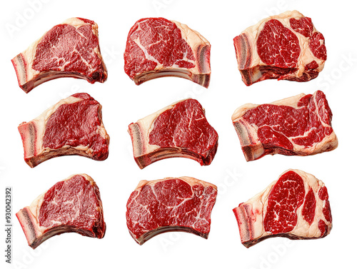 Raw beef rib steaks isolated on white background. PNG transparent.