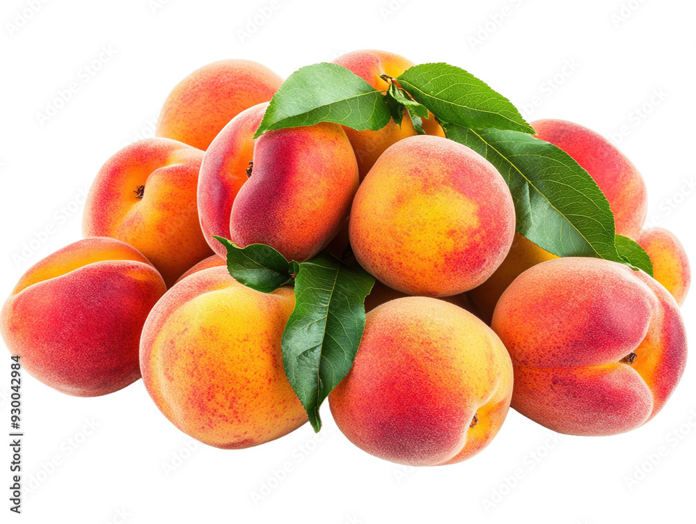 Fresh peaches with green leaves isolated on white background. PNG transparent. Fresh peaches with green leaves isolated on white background. PNG transparent.