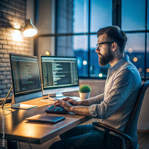 Nighttime programming for IT projects. Working late on software projects in a dark office.