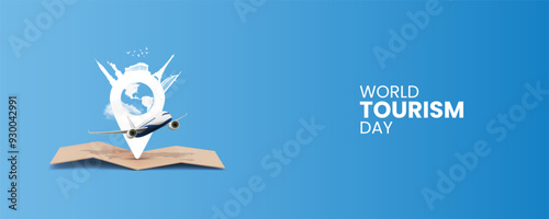 World Tourism Day. Travel concept, Tourism day vector design, location icon with tourism day typography, world map with air plane.