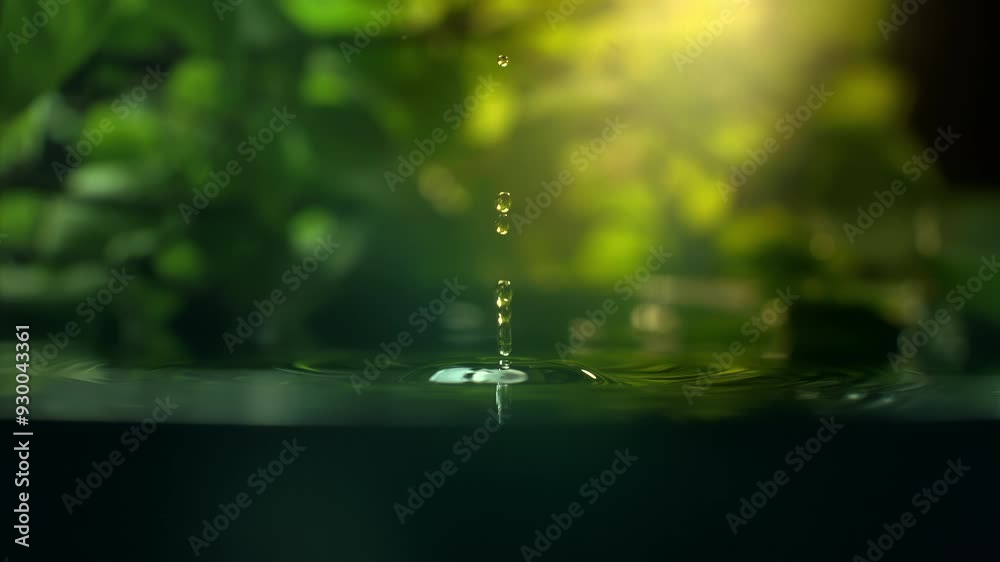 Macro shot of organic serum drop is falling. Crystal clear water splash. Concept of wellness beauty products. Green tea or aloe vera extract. Natural herb skin care. Essence dropping in slow motion
