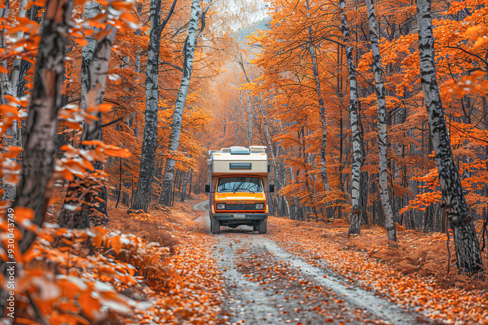Obraz premium Camper van exploring a forest road during peak fall foliage