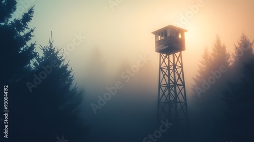 A vintage firewatch tower in a foggy, blurred forest, the tower wooden planks showing signs of age, diffused light creating a soft, ethereal glow, peaceful and mysterious mood,