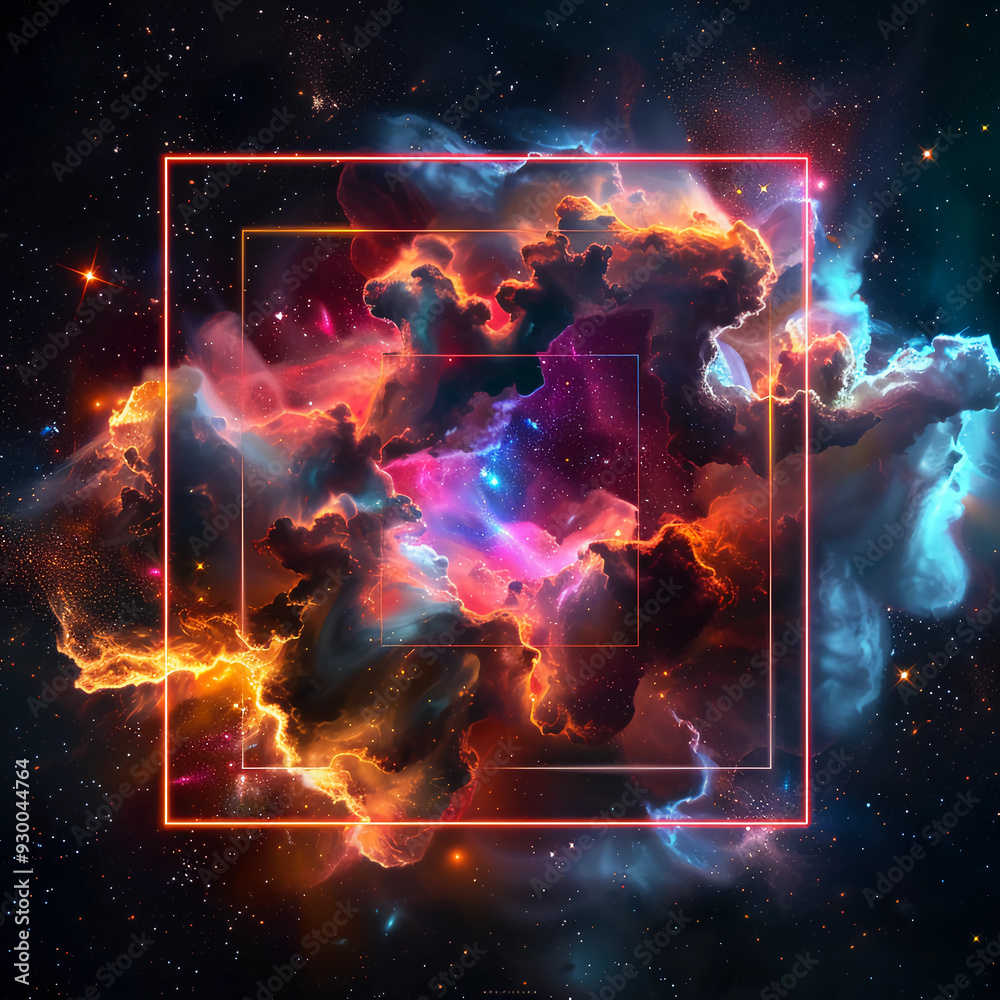 Spectacular cosmic cloud explosion within transparent square with black background. Colorful nebula and stars in space. Digital art for wallpaper and creative design, Generative AI. Spectacular cosmic cloud explosion within transparent square with black background. Colorful nebula and stars in space. Digital art for wallpaper and creative design, Generative AI.