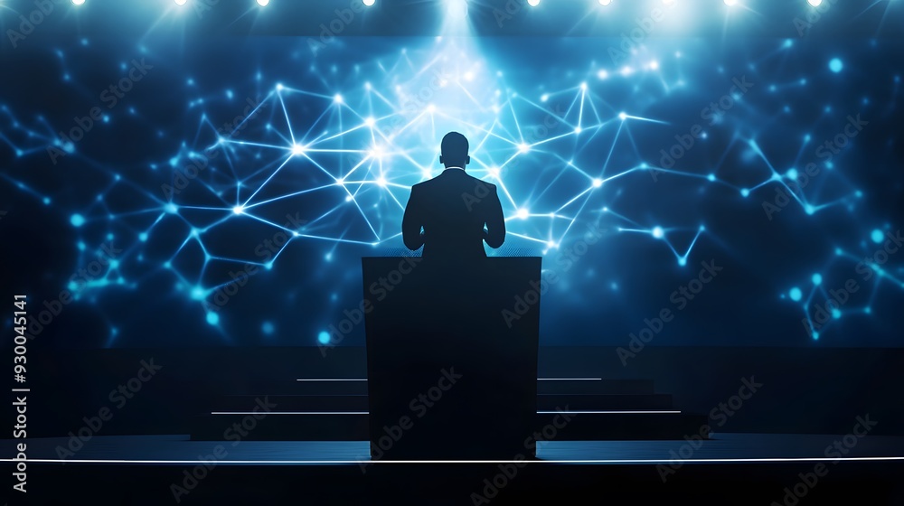 A powerful leader standing at a podium with a glowing leadership icon ...