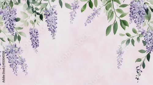 Fototapeta Naklejka Na Ścianę i Meble -  A soft watercolor illustration of hanging wisteria flowers against a pastel background.