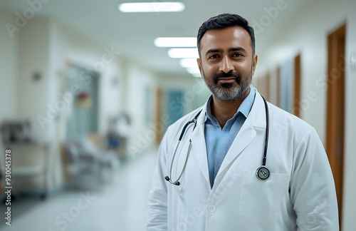 A handsome Indian doctor wearing a white lab coat with a stethoscope around his neck, standing in the hospital hallway, looking at the camera and smiling
