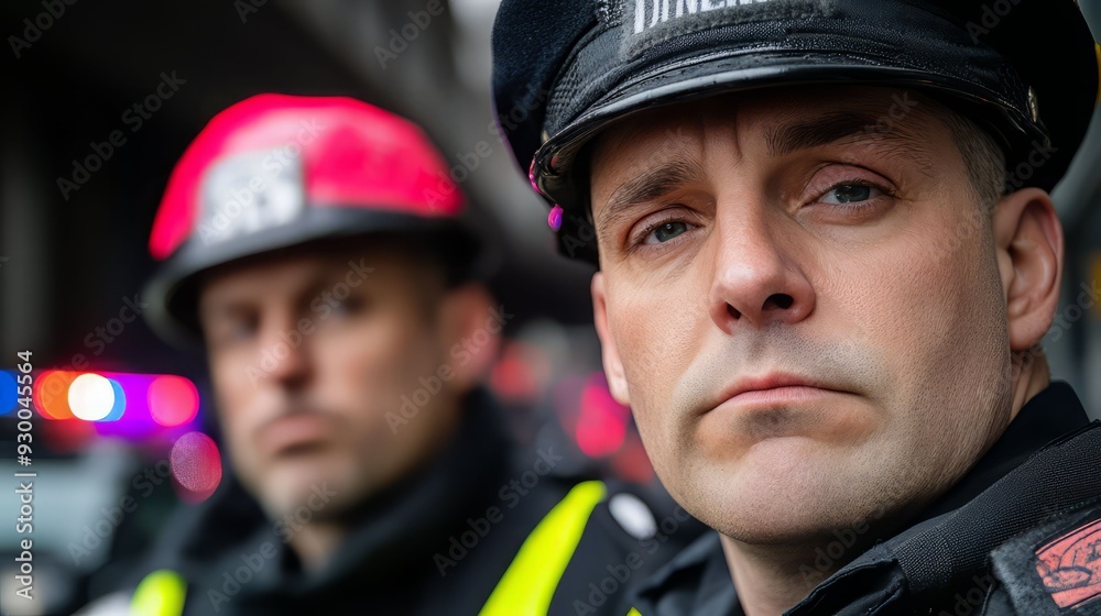 Close-up of two police officers in uniform, showcasing determination and readiness during a critical situation. Close-up of two police officers in uniform, showcasing determination and readiness during a critical situation.