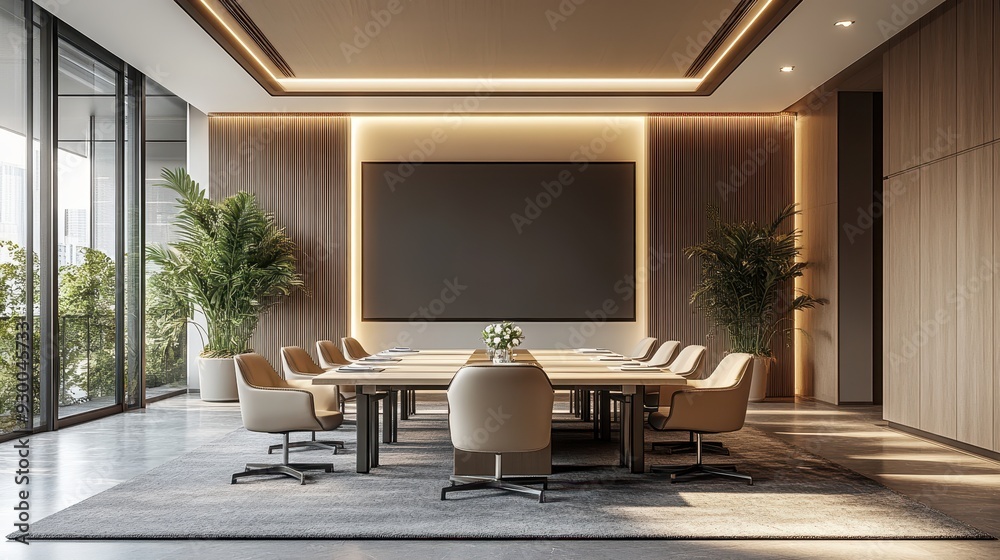 Modern conference room with stylish furniture, large windows, and elegant decor, ideal for professional meetings and presentations.
