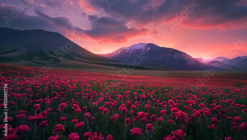 A tranquil valley where giant, luminous flowers bloom under a twilight sky