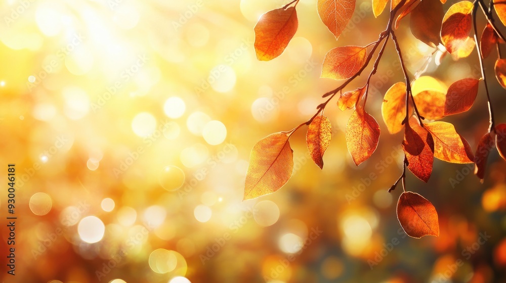 Obraz premium A branch with autumn leaves, bathed in warm sunlight, creating a glowing, abstract background for the fall season.