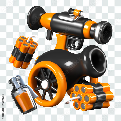 Bazooka, wheel cannon, dynamite sticks, Molotov cocktail