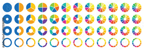 Circle pie chart set. Colorful diagram collection. Flat process cycle. Progress infographic element in round shape. Vector