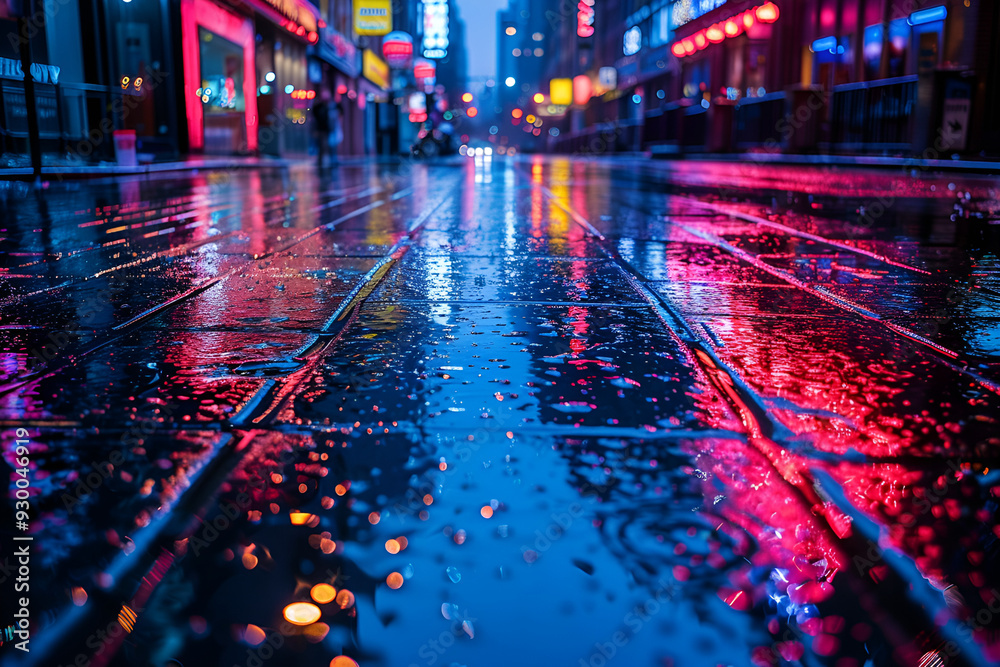 wet street with lights and buildings in the background

