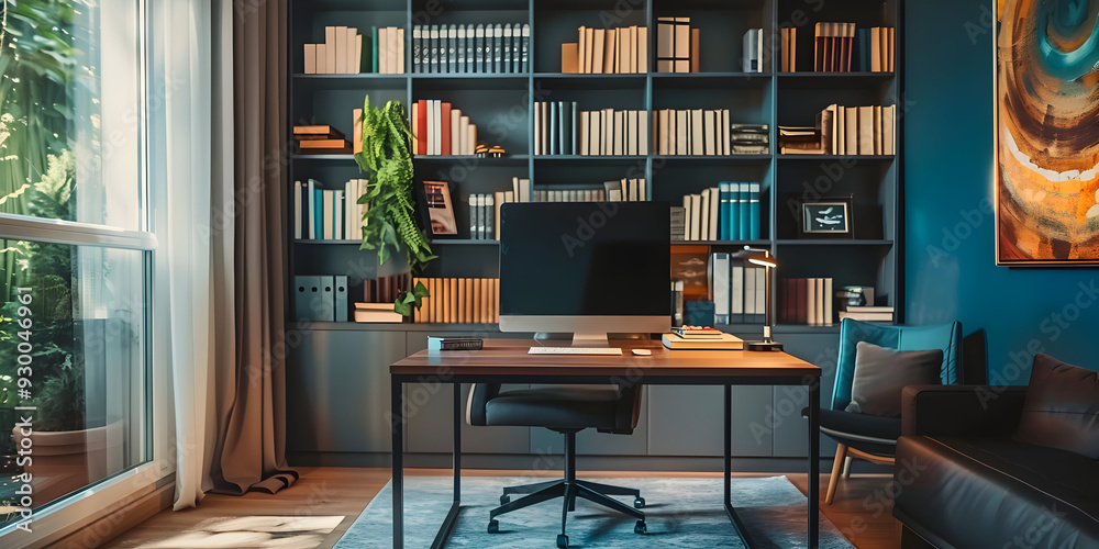 Modern Home Office Interior Design with Bookshelf and Desk Illustration Modern Home Office Interior Design with Bookshelf and Desk Illustration
