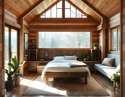 Elevation rendering of a Z-shaped study table with built-in wall seating in a simple cabin bedroom. The room boasts a bed, lovely accents, and thriving houseplants. Abundant natural light from an expa photo