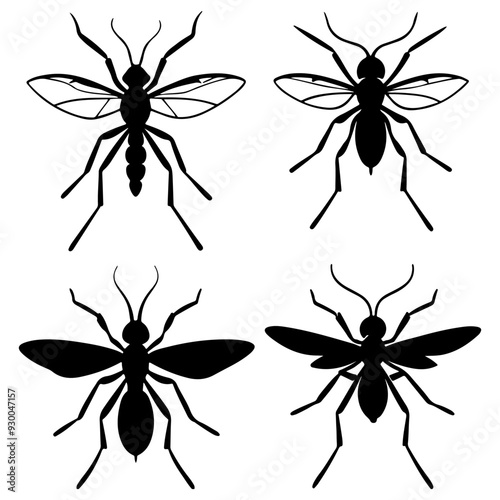 Set of Mosquito menace silhouette, Bloodsucking buzzers outline, Mosquito side view icon set.