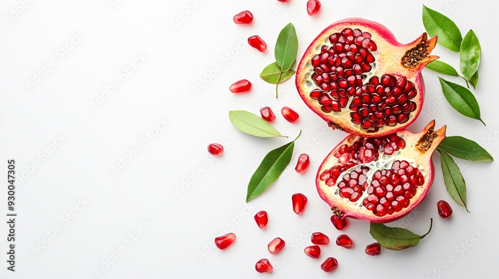 Fresh Pomegranate Half with Juicy Seeds and Green Leaf, Healthy Fruit Food Photography Fresh Pomegranate Half with Juicy Seeds and Green Leaf, Healthy Fruit Food Photography
