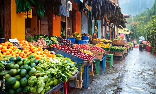 a row of baskets filled with lots of fruit