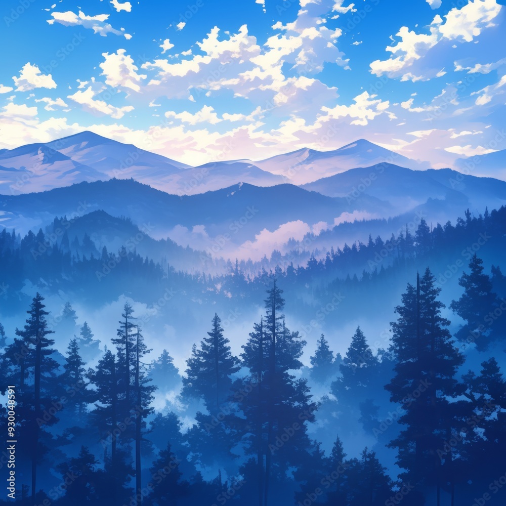 Fototapeta premium Misty Fir Forest: Trendy Retro Abstract Design for Marketing. Anime-Style Foggy Landscape with Cinematic Atmosphere. Versatile Artwork for Greeting Cards, UI Elements, and Seasonal Campaigns. AI-Gener