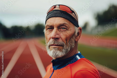 Serious senior elderly athlete looking into camera after intensive workout putside. Strong muscular man bodybuilder sweating, sport fitness training photo