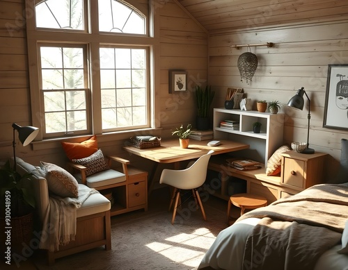 Elevation rendering of a Z-shaped study table with built-in wall seating in a simple cabin bedroom. The room boasts a bed, lovely accents, and thriving houseplants. Abundant natural light from an expa photo