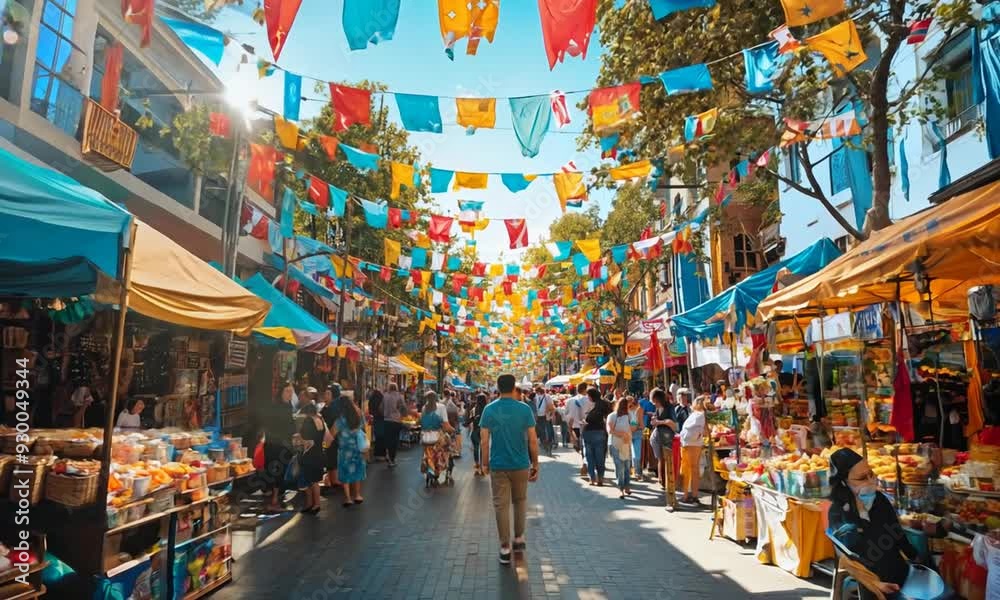 a crowd of people walking down a street next to shops a crowd of people walking down a street next to shops